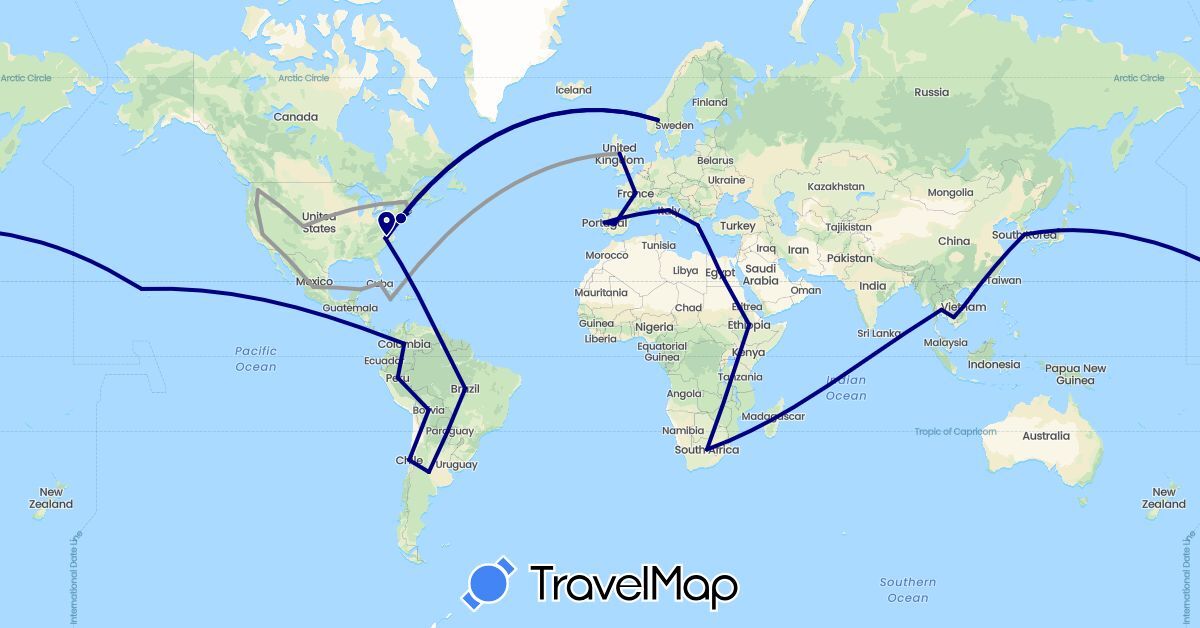 TravelMap itinerary: driving, plane in Argentina, Bolivia, Brazil, Chile, Colombia, Cuba, Spain, Ethiopia, France, United Kingdom, Greece, Italy, Jamaica, Japan, South Korea, Mexico, Norway, Peru, Portugal, Thailand, United States (Africa, Asia, Europe, North America, South America)